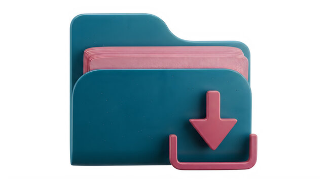 Teal document folder icon with red download arrow button 3D representation isolated transparent