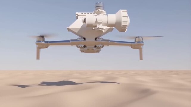 A high-tech white drone hovers steadily over a vast desert landscape. Its rotors spin as it casts a distinct shadow on the undulating sand dunes under a clear blue sky.