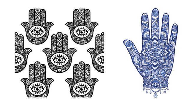 Hand Of Fatima Designs Intricate Floral Ornament Pattern In Blue And Black