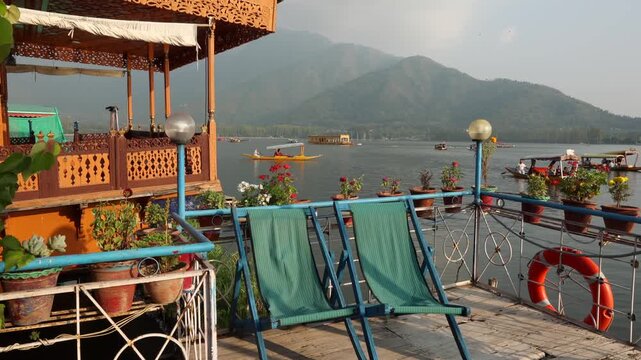 Srinagar, Dal Lake Shikara rides houseboat aerial view, Jammu and Kashmir, India. Breathtaking view of House boat in Kashmir valley. Boat on the dal lake. Beautiful View of Dal Lake Kashmir India