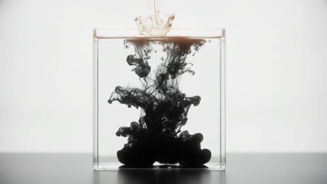 Black and gold ink drop into a clear water tank, creating intricate swirling patterns against a white background. The fluid dynamics showcase a captivating blend of dark and metallic hues.