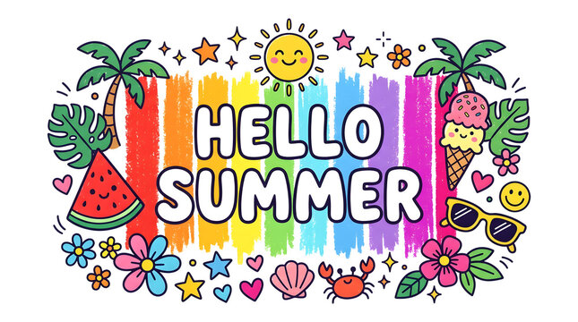 Colorful Hello Summer Typography with Tropical Doodle Elements, Rainbow Marker Background, Palm Trees, Watermelon, Ice Cream, Sunglasses, Smiling Sun and Beach Icons