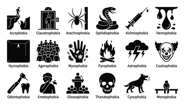 Set of common phobia icons depicting psychological fears and anxieties for mental health awareness applications