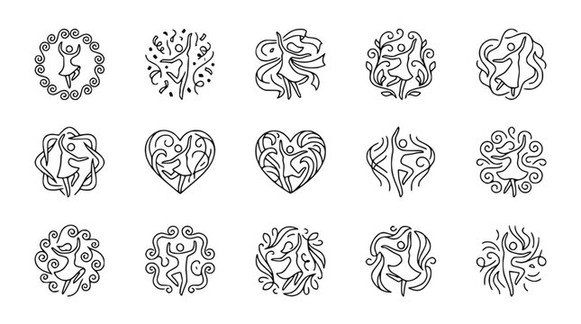 Collection of Abstract Dancing Figures and Wavy Lines in Circular and Heart Shapes