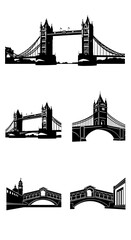 Obraz premium Black and white bridge silhouette vector set, famous European landmark icons, historic architectural bridge illustrations for travel design