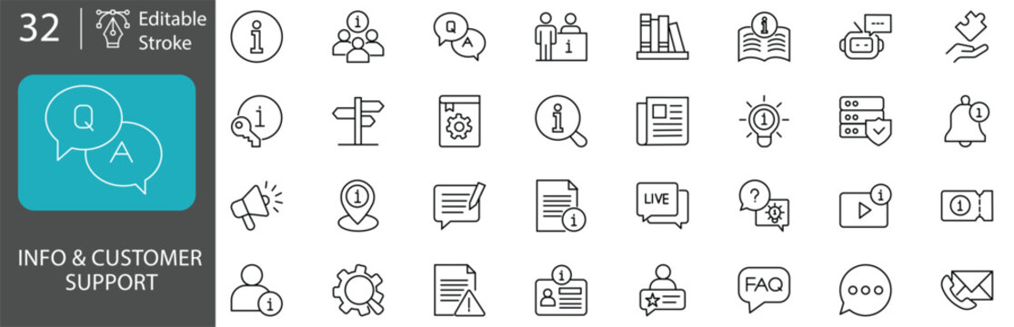 Set of 32 thin line icons  in Linear Style for information and customer support, including faq, help desk, contact, and user guide symbols editable stroke, vector illustration