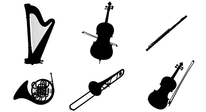 Classical musical instruments silhouette collection, set of 6 orchestral instrument icons, black harp cello flute french horn trombone and violin vectors