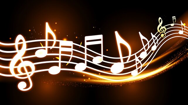 Glowing musical notes flowing on abstract wave with vibrant light effects and digital music background