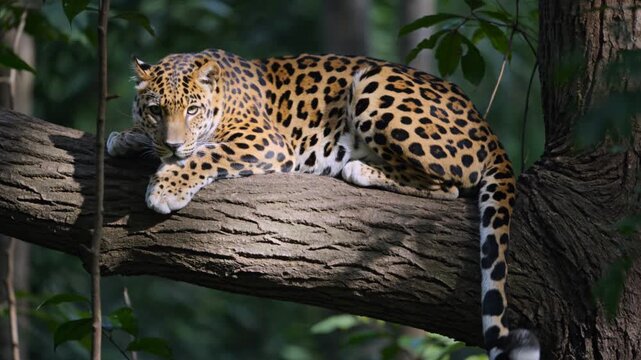 Majestic Leopard Resting Peacefully on a Sun-Dappled Tree Branch in a Lush Green Forest, Capturing Wild Animal Beauty and Serenity