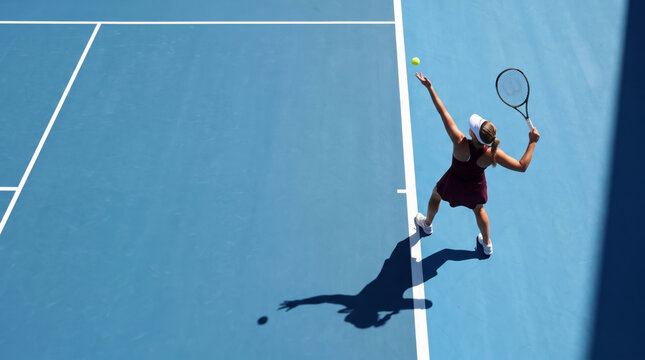 Tennis racket swing powerful serve under bright sun over blue hard court during competitive outdoor match. Sport game match competition. player court hit, training exercise recreation