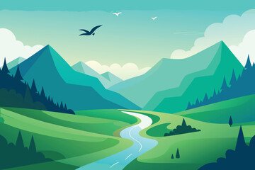 Fototapeta premium beautiful landscape vector design with green mountains, river and flying birds
