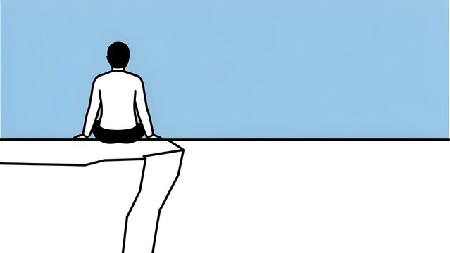 Person Sitting on Edge of High Cliff Illustration, Modern Minimalist Man Silhouette Looking at Scenic Horizon View Freedom Adventure Self Discovery Mind Recovery Concept Premium Vector Asset