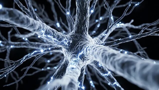 Inside the human nervous system, glowing electrical impulses traveling slowly through transparent neurons and branching neural pathways