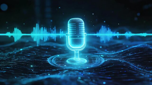 Glowing Neon Microphone Concept with Digital Sound Wave Visualization on Dark Background