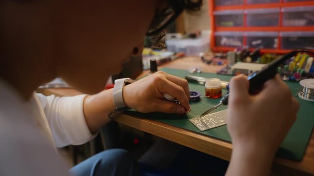 Handheld close up of young adult Asian man soldering microchip on circuit board at workshop desk. Video is suitable for hardware engineering, STEM education, and DIY electronics repair concepts
