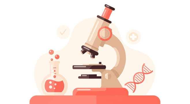 Illustration Of A Microscope Next To Lab Equipment With DNA Strand Representing Science