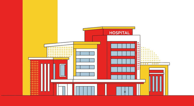 Illustration Of a Modern And Minimalist Hospital Building With Red, Yellow, and White Colors