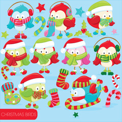 Naklejka premium Cute christmas birds vector cartoon illustration set on blue background for design