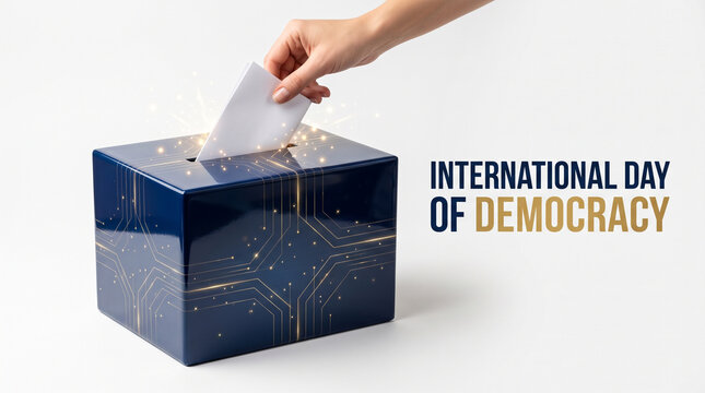 International day of democracy conceptual image with a hand dropping a ballot into a decorative voting box democracy election