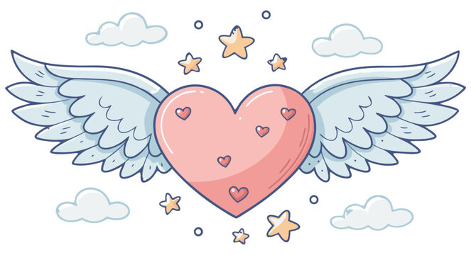 Cute pastel pink heart with angel wings flying among clouds and stars vector illustration