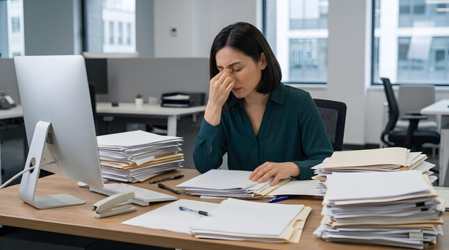 Stressed Asian Businesswoman with Headache Working at Cluttered Office Desk