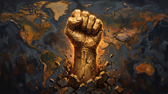 Conceptual powerful fist bursting through global world map representing revolution resistance and social justice movement