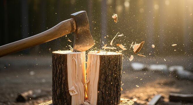 Sharp Axe Splitting Wooden Log in Sunlit Forest Clearing