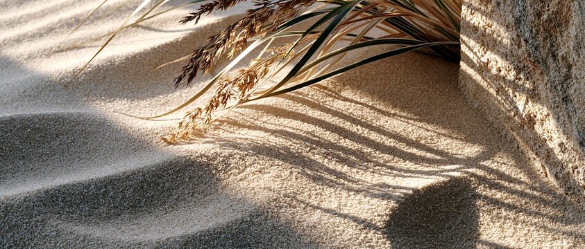 Sunlit dunes with sparse desert grass create abstract shadow stripes