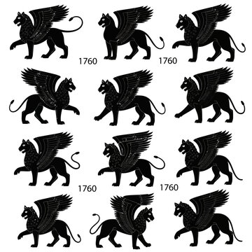 Ancient Greek griffin silhouettes set, mythical winged lion creatures in black vector style, antique heraldic gryphon icons for historical branding