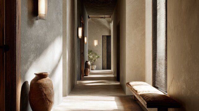 A hallway interior in a Japandi-style apartment. Soft tones, natural materials, textures of linen, wood, and stone, and diffused natural light.
