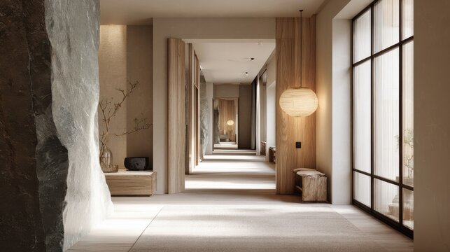 A hallway interior in a Japandi-style apartment. Soft tones, natural materials, textures of linen, wood, and stone, and diffused natural light.
