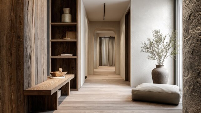 A hallway interior in a Japandi-style apartment. Soft tones, natural materials, textures of linen, wood, and stone, and diffused natural light.
