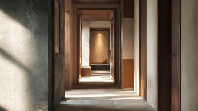 A hallway interior in a Japandi-style apartment. Soft tones, natural materials, textures of linen, wood, and stone, and diffused natural light.
