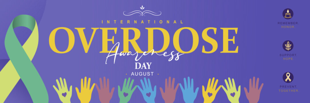 Modern International Overdose Awareness Day banner featuring a purple ribbon, community hands, and hope symbols. Ideal for healthcare campaigns, addiction prevention and memorial events