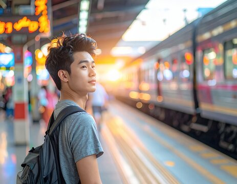 Young man with backpack waiting for train at station platform.