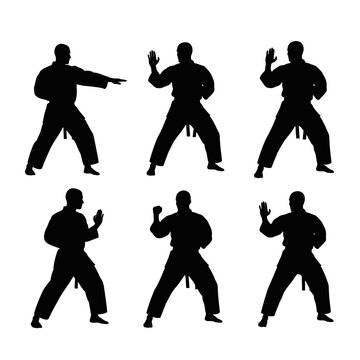 Martial arts silhouette set, karate fighter in various combat poses, black belt master performing kata movements, 6 vector icons for sports design