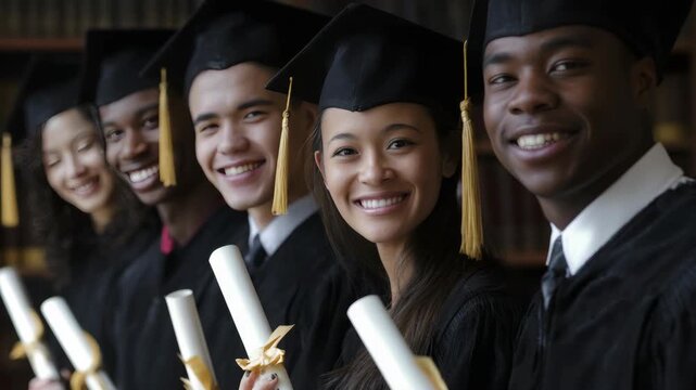 A group of joyous graduates posing for a picture at their graduation ceremony.