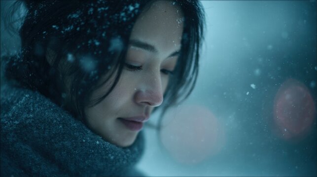 A soft emotional portrait of a Japanese woman standing still as snow falls, her gaze lowered with a subtle wistful expression, serene and introspective mood
