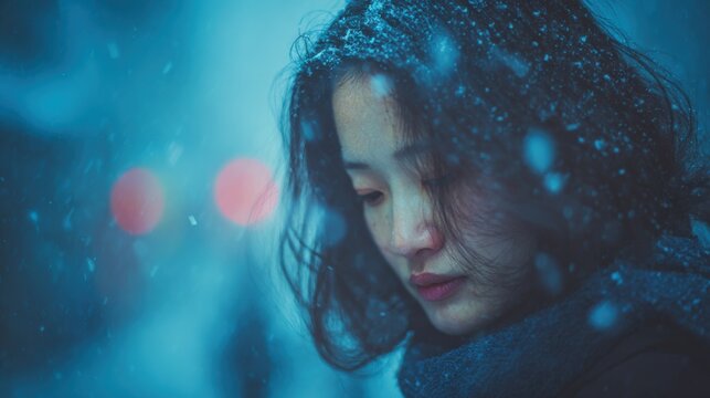 A soft emotional portrait of a Japanese woman standing still as snow falls, her gaze lowered with a subtle wistful expression, serene and introspective mood
