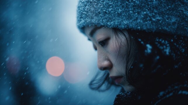 A soft emotional portrait of a Japanese woman standing still as snow falls, her gaze lowered with a subtle wistful expression, serene and introspective mood
