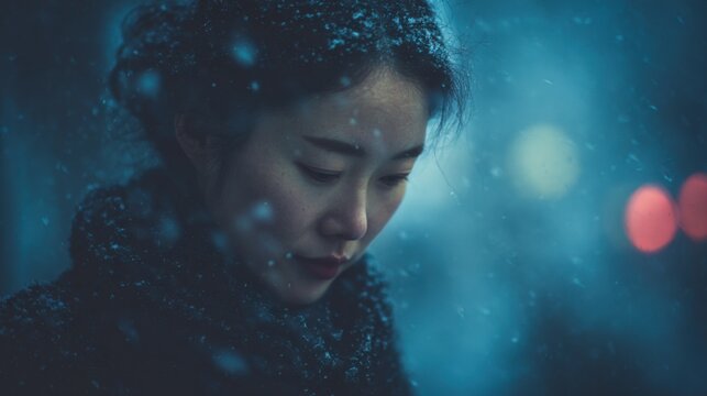 A soft emotional portrait of a Japanese woman standing still as snow falls, her gaze lowered with a subtle wistful expression, serene and introspective mood
