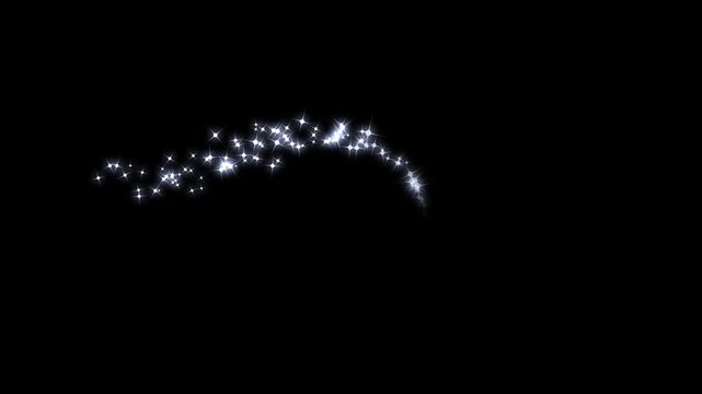 Luxury Magic Glitter Star Trail Animation, White Sparkling Fairy Dust, Twinkling Shimmer Particles, Glowing Bokeh Light Effects, Curved Starlight Line, Black Screen Overlay, Seamless Transition 4K