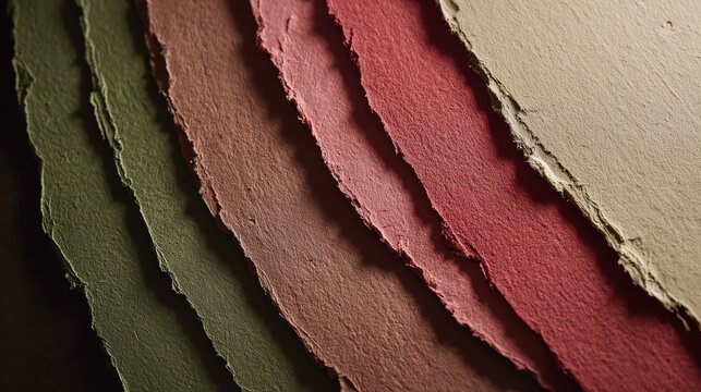Textured Handmade Paper Swatches: A visually rich display of handmade paper swatches in earthy tones of green, brown, pink, and beige, showcasing their unique textures and ragged edges.