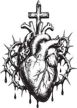 Vintage anatomical heart with crown of thorns and cross, sacred heart religious illustration, black and white gothic tattoo vector art