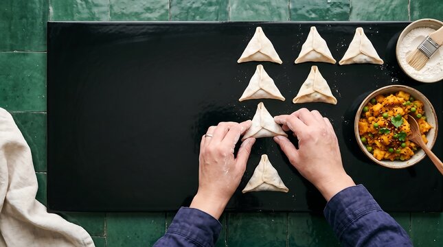 Overhead view of hands shaping raw samosas on a baking tray