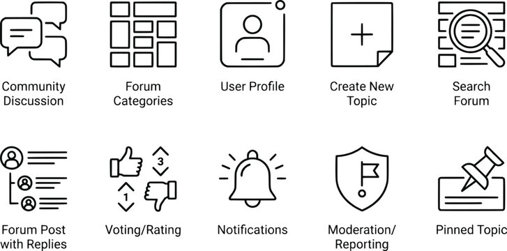 Forum interface icon collection, online community discussion symbols, user profile and moderation features, web platform design, black vector graphics set