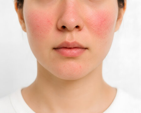 Close-up of facial rosacea with visible redness and inflamed skin on cheeks and nose, sensitive skin condition, dermatology concept