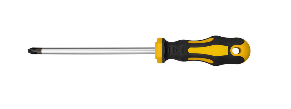Professional phillips screwdriver tool with magnetic tip for repair. Classic hardware equipment template for online store product catalog and space for text
