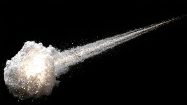 A bright explosion with a long tail of white particles streaks across a black void