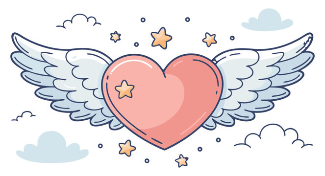 Cute pastel pink heart with flying angel wings among clouds and stars vector illustration